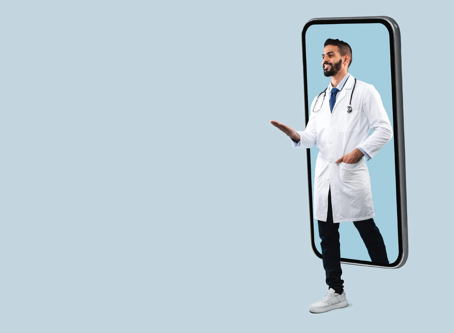 doctor walking through phone